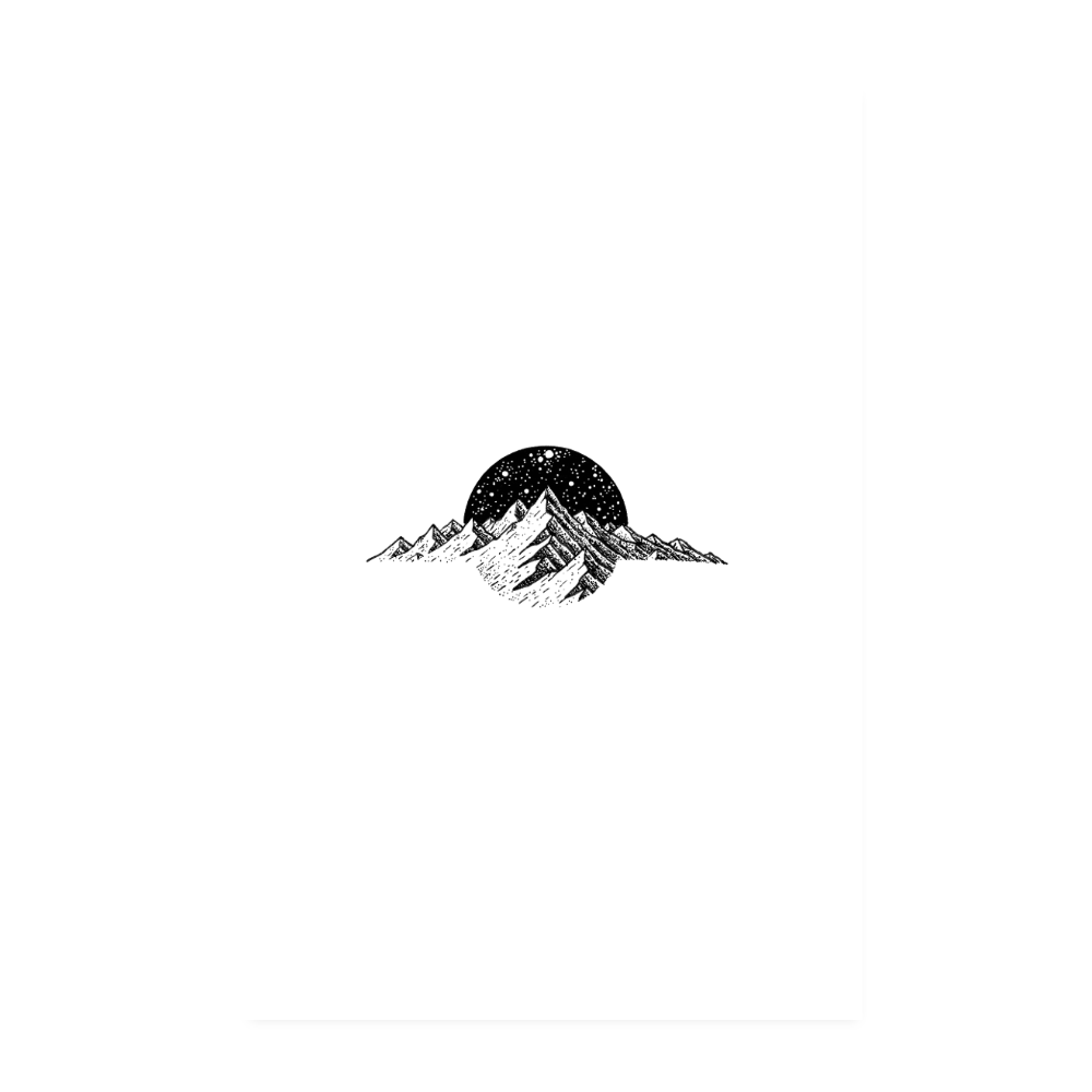 Berglandschaft bei Nacht – Minimalistischer Kunstdruck in Schwarz-Weiß, Dotwork, Fineliner Illustration