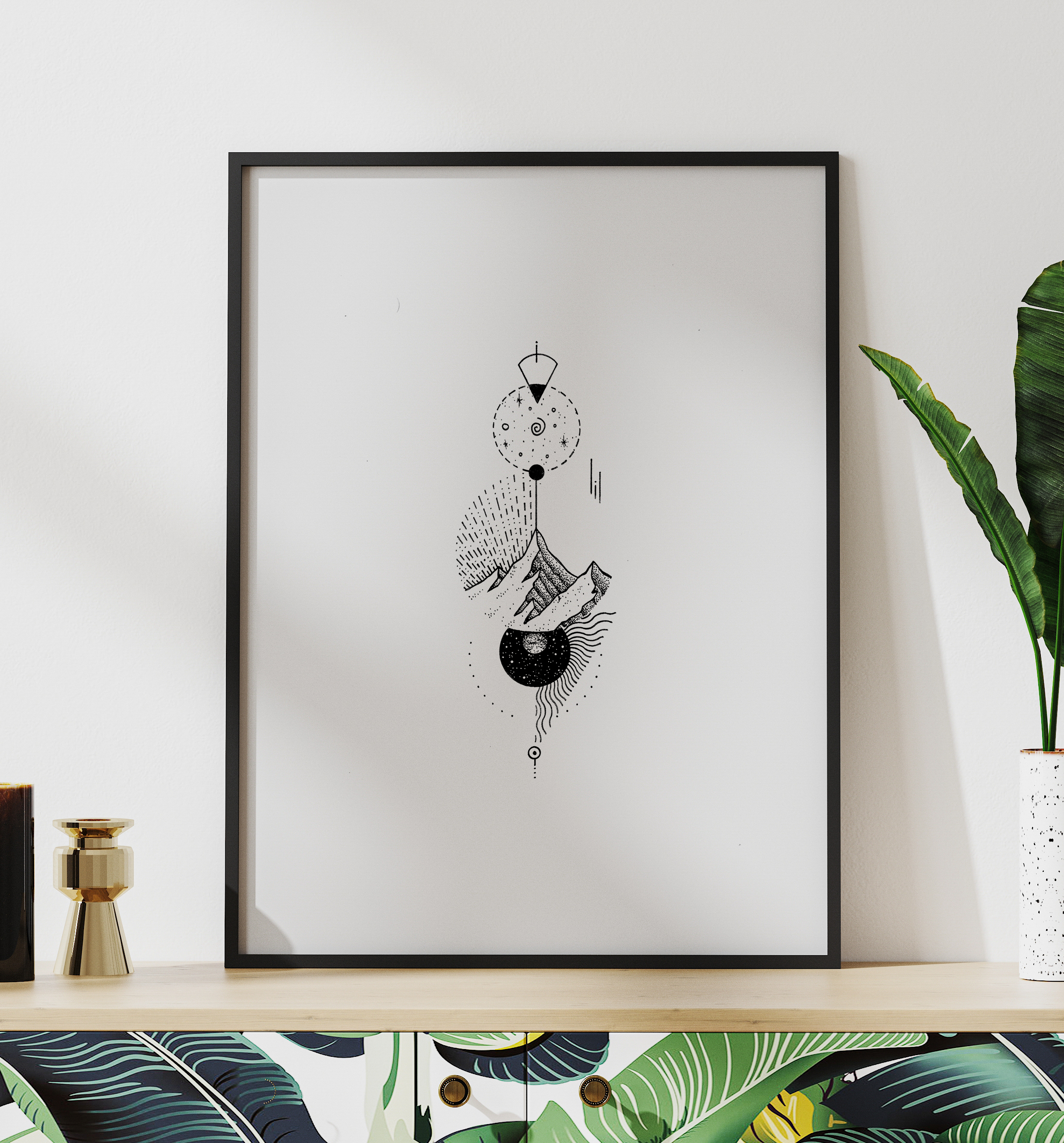 Geometrische Berglandschaft – Minimalistischer Kunstdruck in Schwarz-Weiß, Dotwork, Fineliner Illustration